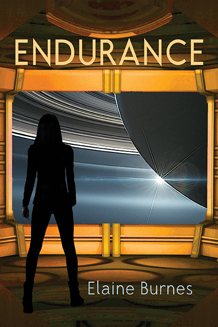 Silhouette of a woman standing by a large window facing the planet Saturn, with glowing rings. The title is Endurance, the author Elaine Burnes