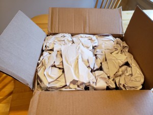 Opened cardboard box filled with packing paper