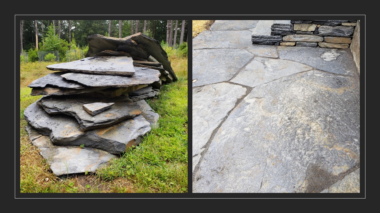 Photo shows two images: pile of rocks on the left and finished steps and patio on the right