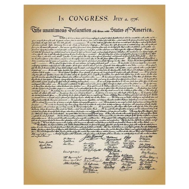 Image shows a parchment of the Declaration of Independence