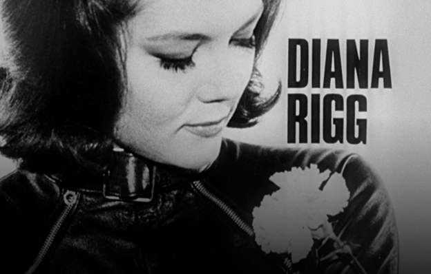 Black and white photo of Diana Rigg as Mrs. Emma Peel from the opening credits of The Avengers.