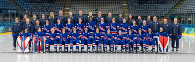 Team roster photo of the 2026 U.S. Women's Olympic ice hockey team.