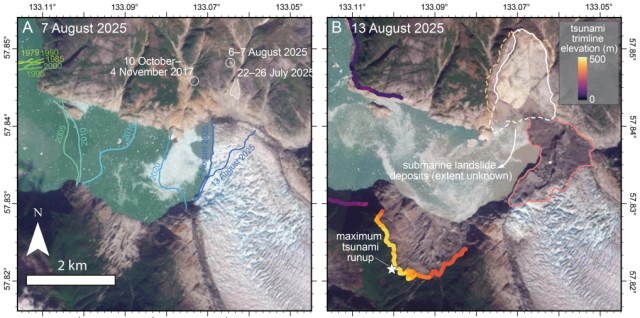 Before and after satellite imagery shows locations and extent of the Aug. 10, 2025, landslide. South Sawyer Glacier terminus positions since 1979 and the locations of three precursory slope failures since 2017 are also shown. Image from Shugar et al. 2026.