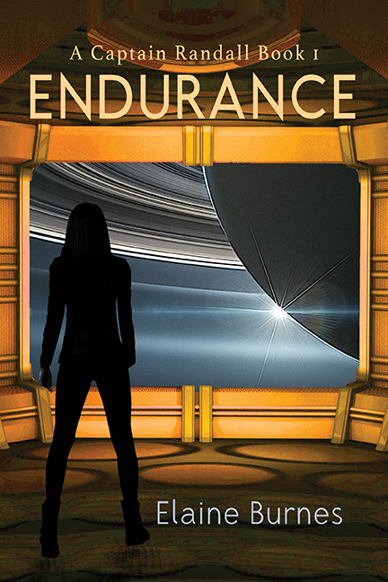 Silhouette of a woman standing by a large window facing the planet Saturn, with glowing rings. The title is Endurance, the author Elaine Burnes