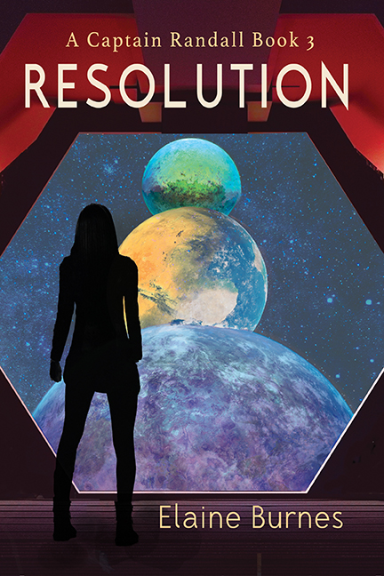 Book cover for Resolution, A Captain Randall Book 3, by Elaine Burnes. Image shows the silhouette of a woman looking toward three planets.